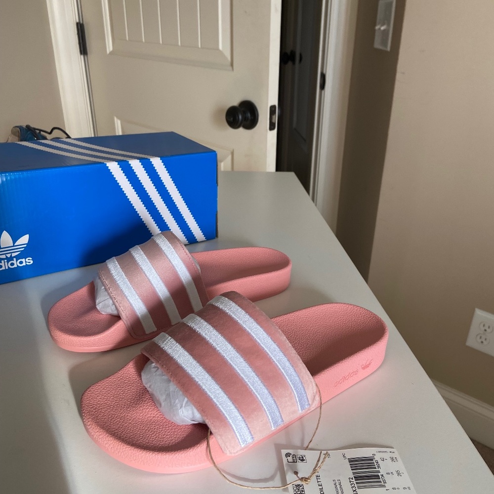NEW Adidas adilette pink and white